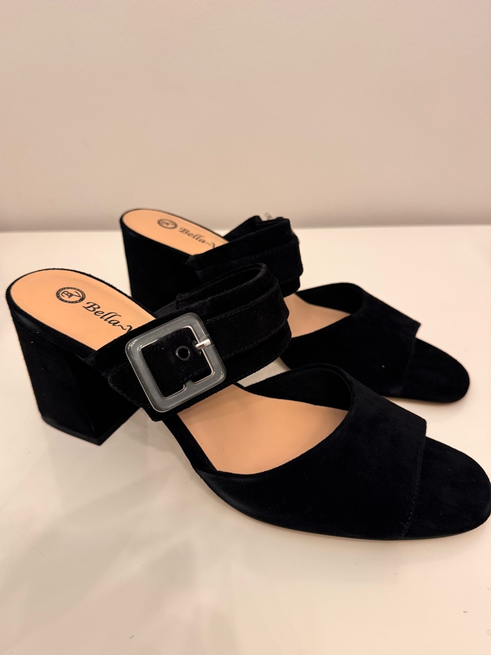 Bella Vita Black Suede Block Heel Mules with Buckle Size 12